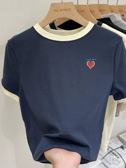 Blue love printed short-sleeved T-shirt for women summer 2024 new loose slimming niche design short top