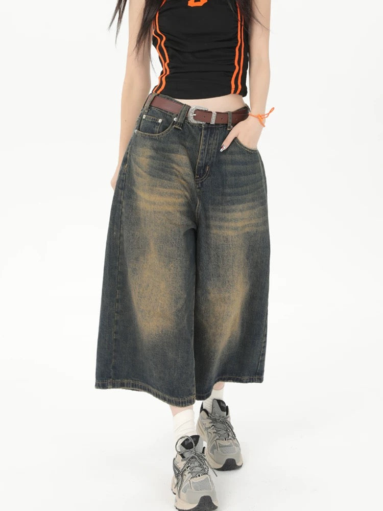 MZVZ American retro seven-point denim shorts women's summer washed old hot girl high waist straight wide leg pants summer