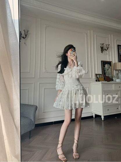 LUOLUOZ Fragrance Brie Cotton Elegant Hollow-Out Heavy-Duty Luxury Goddess Short Dress JF