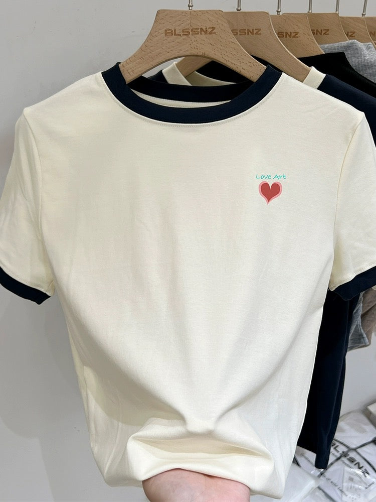 Blue love printed short-sleeved T-shirt for women summer 2024 new loose slimming niche design short top