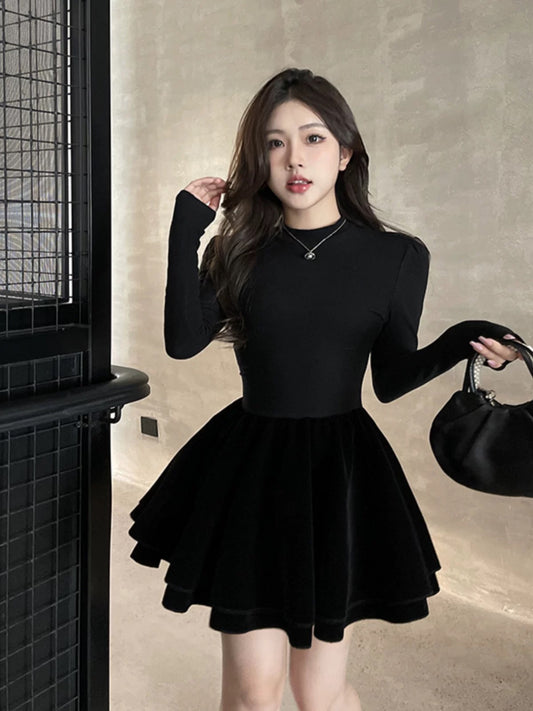 GirlsAt18 black knitted dress for women autumn and winter French sexy birthday skirt with waist-cinching tutu skirt