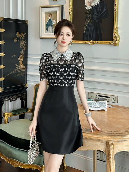 Small fragrant dress for women with waist, French style, small polo collar, sequined design, black slimming A-line skirt for summer