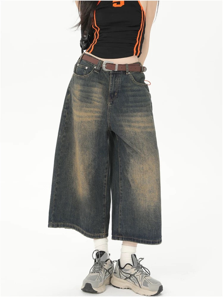 MZVZ American retro seven-point denim shorts women's summer washed old hot girl high waist straight wide leg pants summer