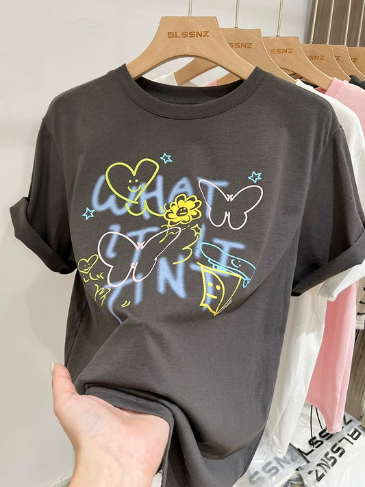 Gray cotton round neck right shoulder short sleeve t-shirt for women summer 2024 new design printed loose top half sleeve