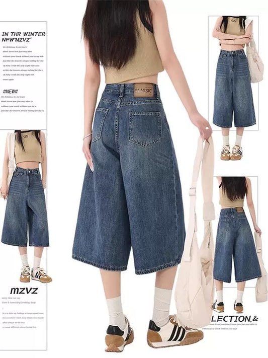 MZVZ American retro blue wide-leg denim cropped pants women's spring 2025 new high waist slim straight shorts