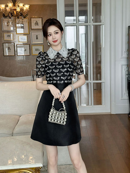 Small fragrant dress for women with waist, French style, small polo collar, sequined design, black slimming A-line skirt for summer