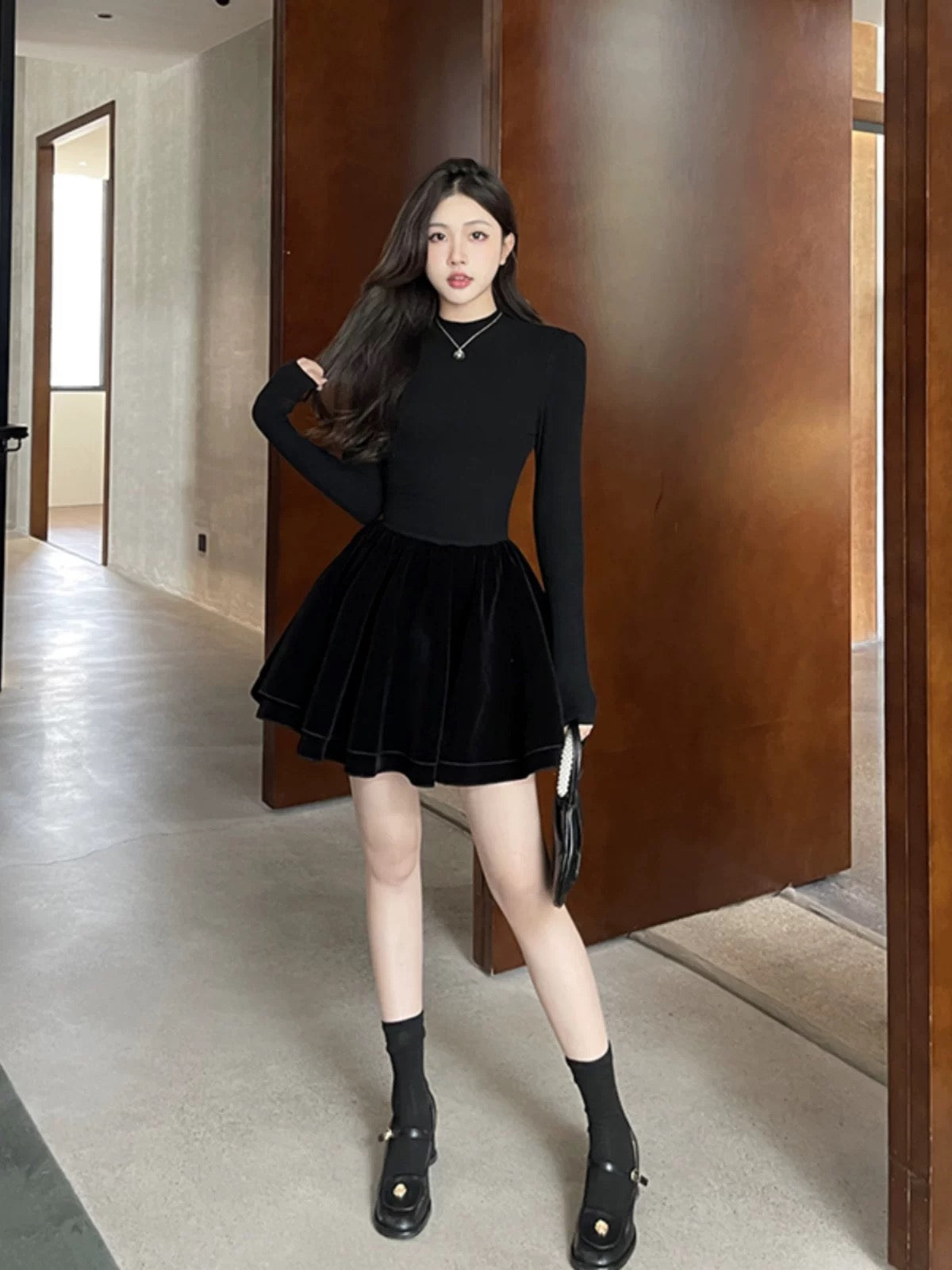 GirlsAt18 black knitted dress for women autumn and winter French sexy birthday skirt with waist-cinching tutu skirt