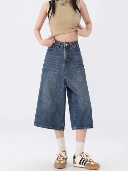 MZVZ American retro blue wide-leg denim cropped pants women's spring 2025 new high waist slim straight shorts