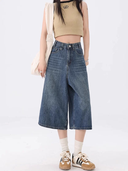 MZVZ American retro blue wide-leg denim cropped pants women's spring 2025 new high waist slim straight shorts
