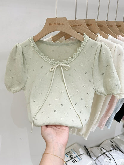 Apricot lace front shoulder ice silk sweater women's short-sleeved 2024 new summer bow hollow short top trendy