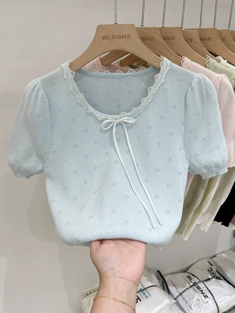 Apricot lace front shoulder ice silk sweater women's short-sleeved 2024 new summer bow hollow short top trendy