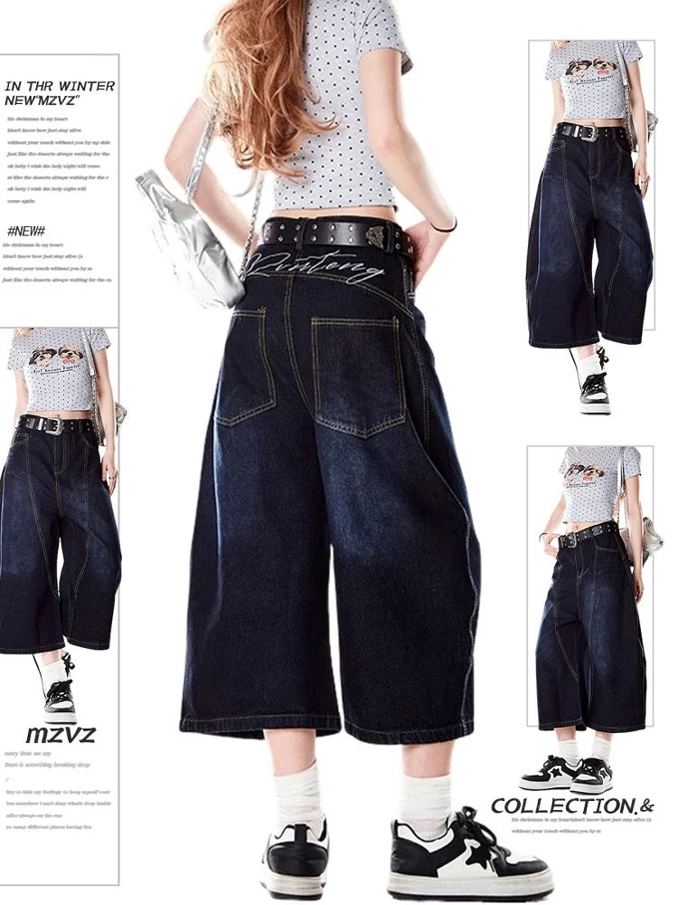 MZVZ American retro back embroidery denim cropped pants women's summer loose wide-leg pants Wutong machete shorts