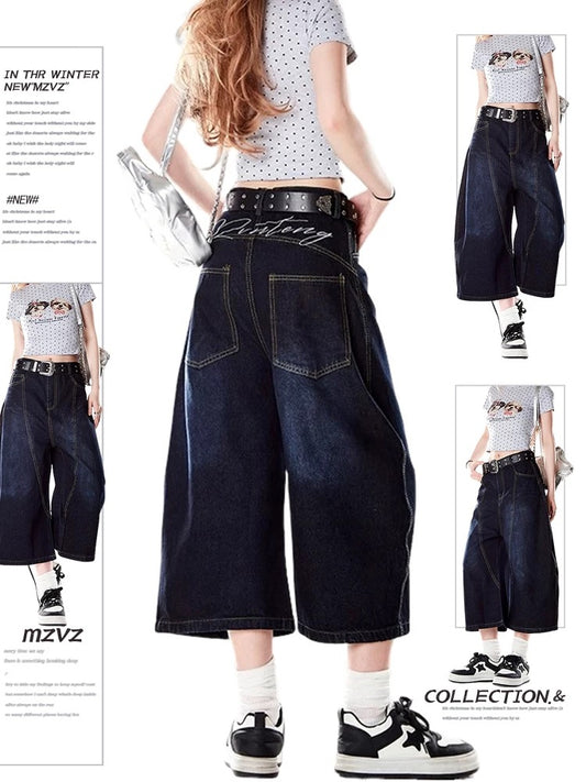 MZVZ American retro back embroidery denim cropped pants women's summer loose wide-leg pants Wutong machete shorts