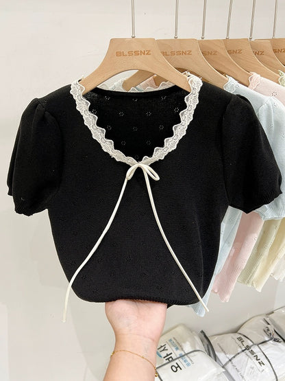 Apricot lace front shoulder ice silk sweater women's short-sleeved 2024 new summer bow hollow short top trendy