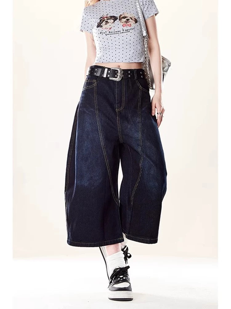 MZVZ American retro back embroidery denim cropped pants women's summer loose wide-leg pants Wutong machete shorts