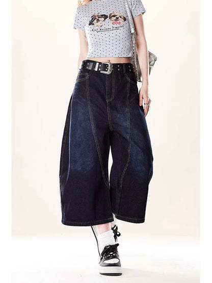 MZVZ American retro back embroidery denim cropped pants women's summer loose wide-leg pants Wutong machete shorts