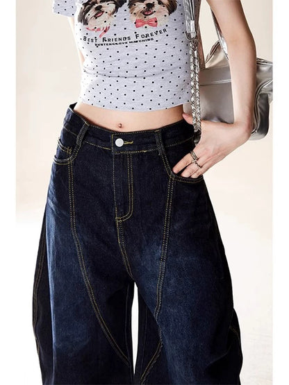 MZVZ American retro back embroidery denim cropped pants women's summer loose wide-leg pants Wutong machete shorts