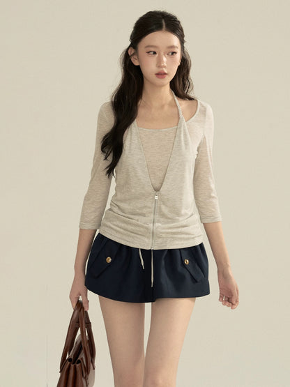 OIOI ESSE | "Mist-shrouded Autumn Mountains" Halter Neck Faux Two-Piece Top with Zipper and Mid-Sleeve Pullover