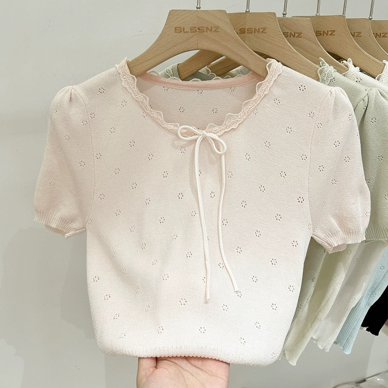 Apricot lace front shoulder ice silk sweater women's short-sleeved 2024 new summer bow hollow short top trendy