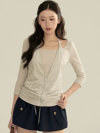 OIOI ESSE | "Mist-shrouded Autumn Mountains" Halter Neck Faux Two-Piece Top with Zipper and Mid-Sleeve Pullover