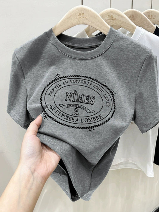 Pure cotton 2023 summer new short-sleeved T-shirt women's slimming half-sleeved printed body short top ins trend