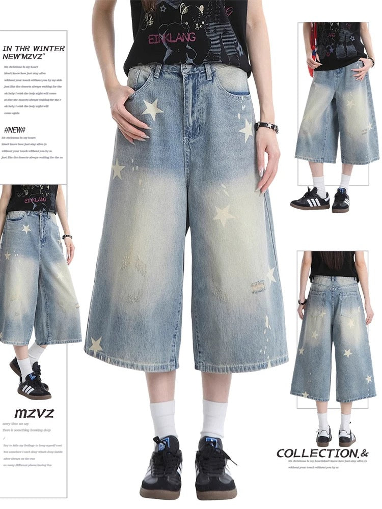 MZVZ American retro star print denim cropped trousers women's summer loose 7-point mid-length trousers ripped wide-leg shorts