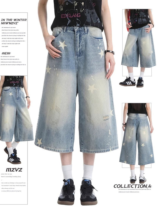 MZVZ American retro star print denim cropped trousers women's summer loose 7-point mid-length trousers ripped wide-leg shorts