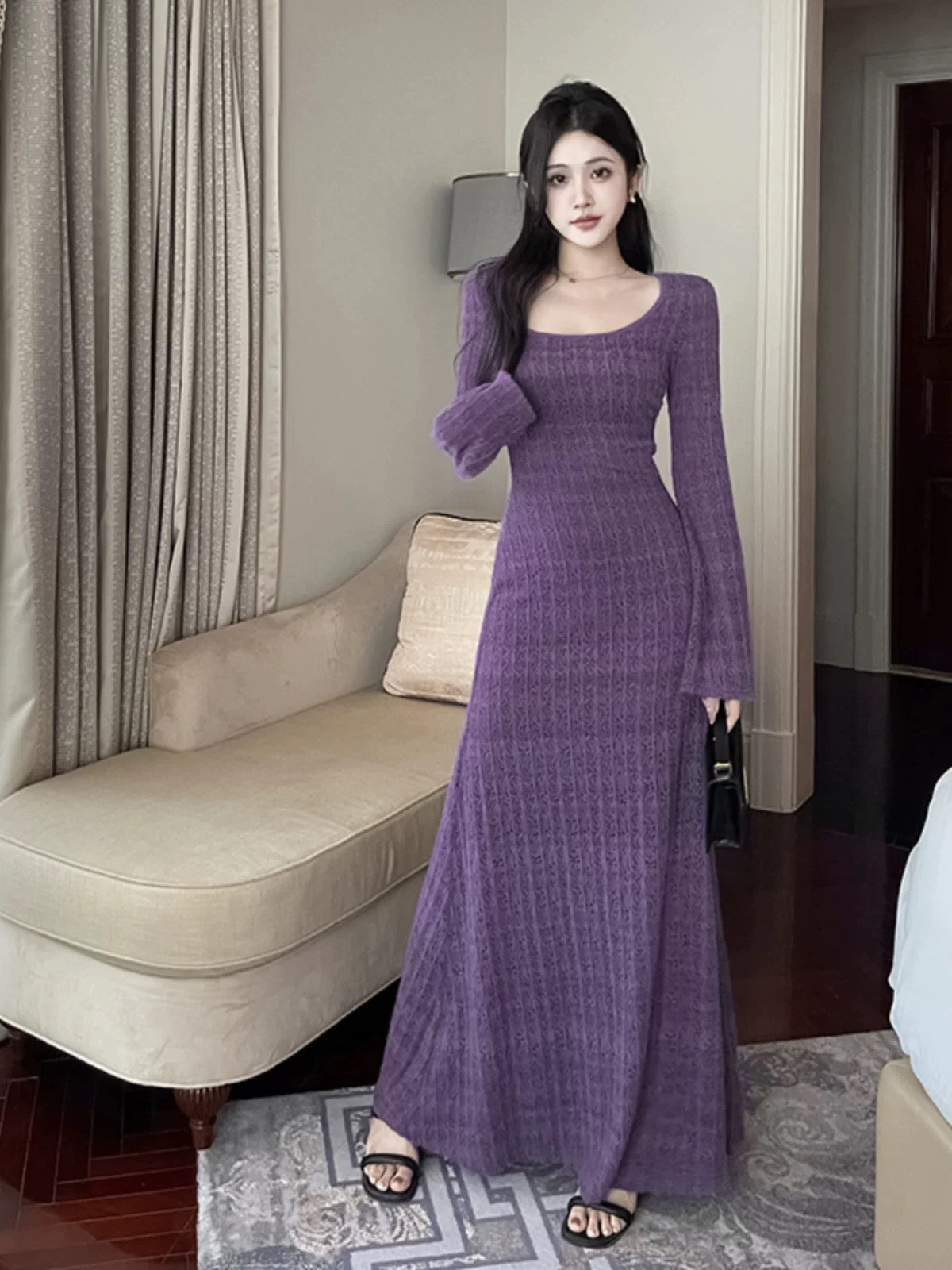 GirlsAt18 sexy lace knit dress women's autumn and winter suit skirt long-sleeved blouse suspender purple long skirt