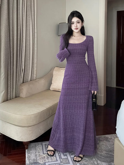 GirlsAt18 sexy lace knit dress women's autumn and winter suit skirt long-sleeved blouse suspender purple long skirt