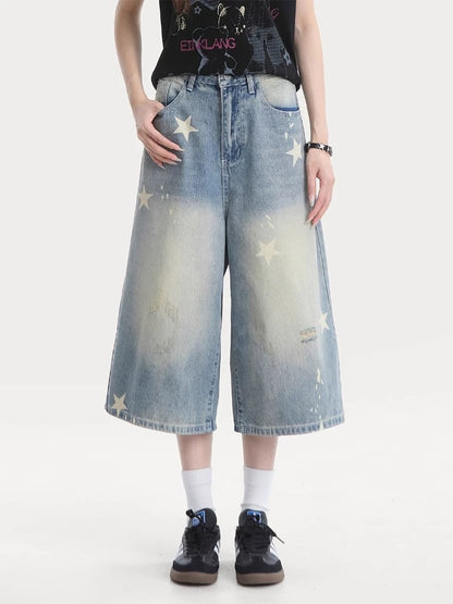 MZVZ American retro star print denim cropped trousers women's summer loose 7-point mid-length trousers ripped wide-leg shorts