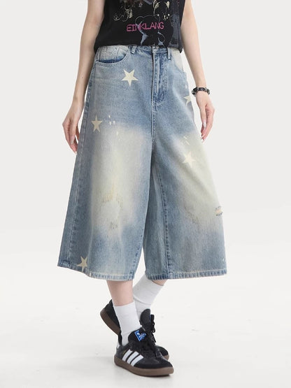 MZVZ American retro star print denim cropped trousers women's summer loose 7-point mid-length trousers ripped wide-leg shorts
