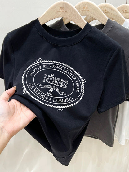 Pure cotton 2023 summer new short-sleeved T-shirt women's slimming half-sleeved printed body short top ins trend