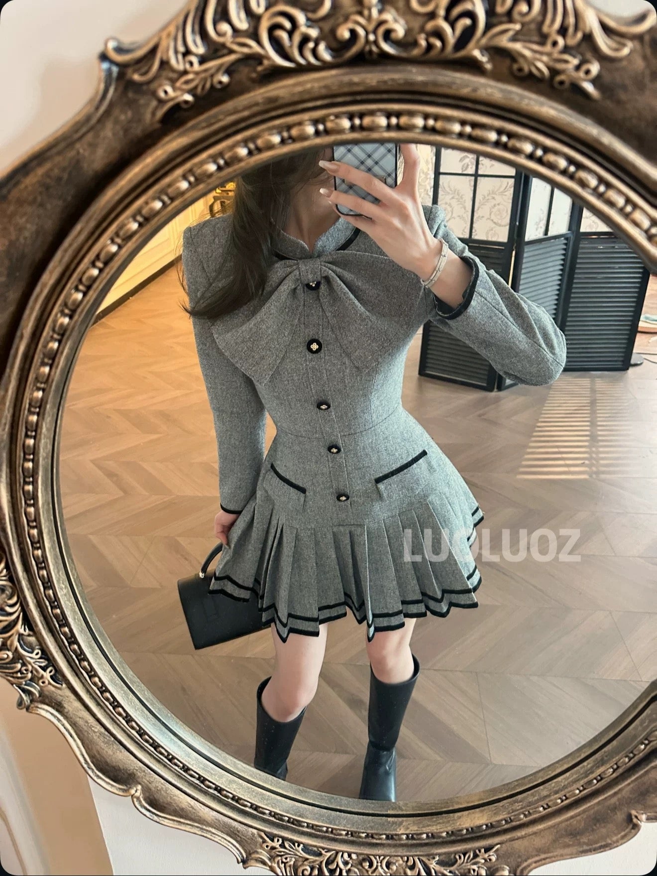 LUOLUOZ 【Pear Blossom in the Rain】Sheep Wool Elegant High-End Luxury Patchwork Bow Waist-cinching Dress