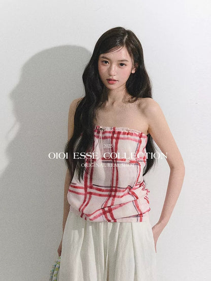 OIOI ESSE/"Misty Rose Rhythm" Light Spring Series Retro Hand-Painted Print Red Plaid Bandeau Top for Women