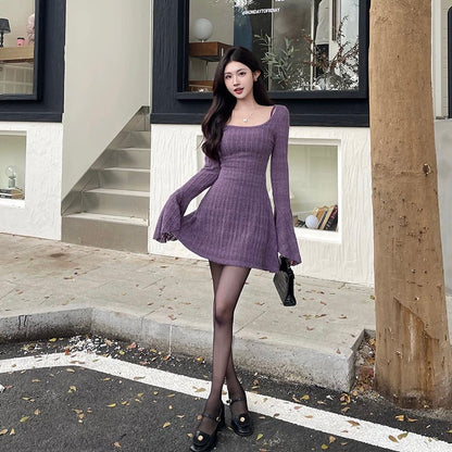 GirlsAt18 sexy lace knit dress women's autumn and winter suit skirt long-sleeved blouse suspender purple long skirt