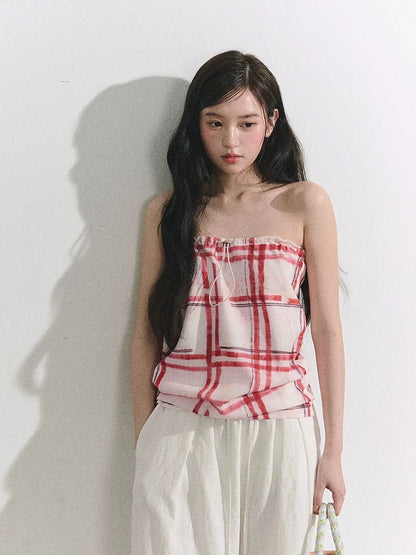 OIOI ESSE/"Misty Rose Rhythm" Light Spring Series Retro Hand-Painted Print Red Plaid Bandeau Top for Women