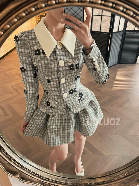 LUOLUOZ 【Autumn Maple】Elegant Floral Patchwork Top + Mini Skirt Two-Piece Set JF907