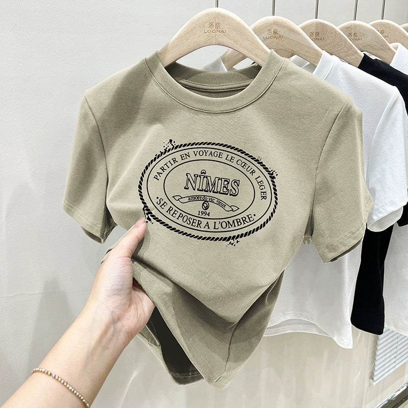 Pure cotton 2023 summer new short-sleeved T-shirt women's slimming half-sleeved printed body short top ins trend