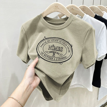 Pure cotton 2023 summer new short-sleeved T-shirt women's slimming half-sleeved printed body short top ins trend