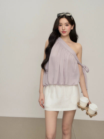 OIOI ESSE / "Unbound" French-style asymmetrical off-shoulder sleeveless tank top with flowing ribbons