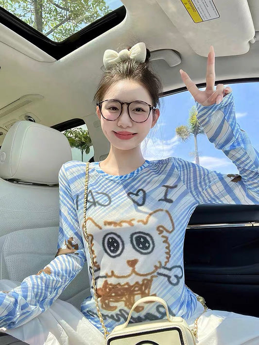 Blue plaid mesh long-sleeved T-shirt for women, new design, hand-painted graffiti puppy, slim fit, small bottoming shirt