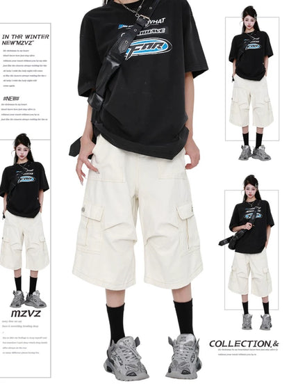 MZVZ American retro white workwear denim cropped pants women's summer pleated paratrooper wide-leg loose 7-point shorts