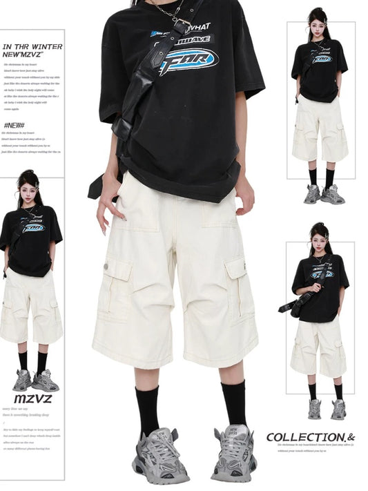 MZVZ American retro white workwear denim cropped pants women's summer pleated paratrooper wide-leg loose 7-point shorts