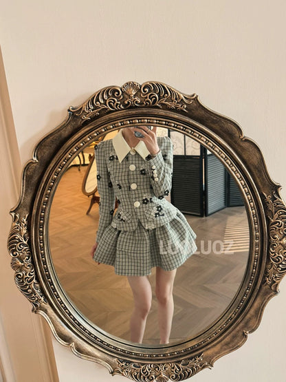 LUOLUOZ 【Autumn Maple】Elegant Floral Patchwork Top + Mini Skirt Two-Piece Set JF907