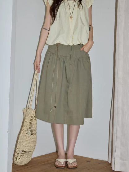 Chaochao's Green Drawstring Midi Skirt, Summer 2026, Casual, Loose, High-Waisted, Hip-Covering, A-line, Midi Skirt