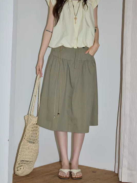 Chaochao's Green Drawstring Midi Skirt, Summer 2026, Casual, Loose, High-Waisted, Hip-Covering, A-line, Midi Skirt