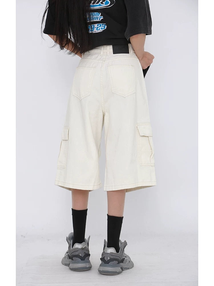 MZVZ American retro white workwear denim cropped pants women's summer pleated paratrooper wide-leg loose 7-point shorts