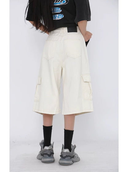 MZVZ American retro white workwear denim cropped pants women's summer pleated paratrooper wide-leg loose 7-point shorts