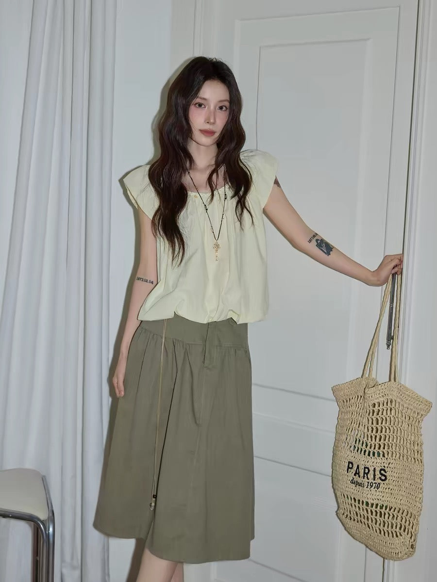 Chaochao's Green Drawstring Midi Skirt, Summer 2026, Casual, Loose, High-Waisted, Hip-Covering, A-line, Midi Skirt