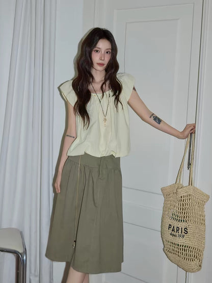 Chaochao's Green Drawstring Midi Skirt, Summer 2026, Casual, Loose, High-Waisted, Hip-Covering, A-line, Midi Skirt